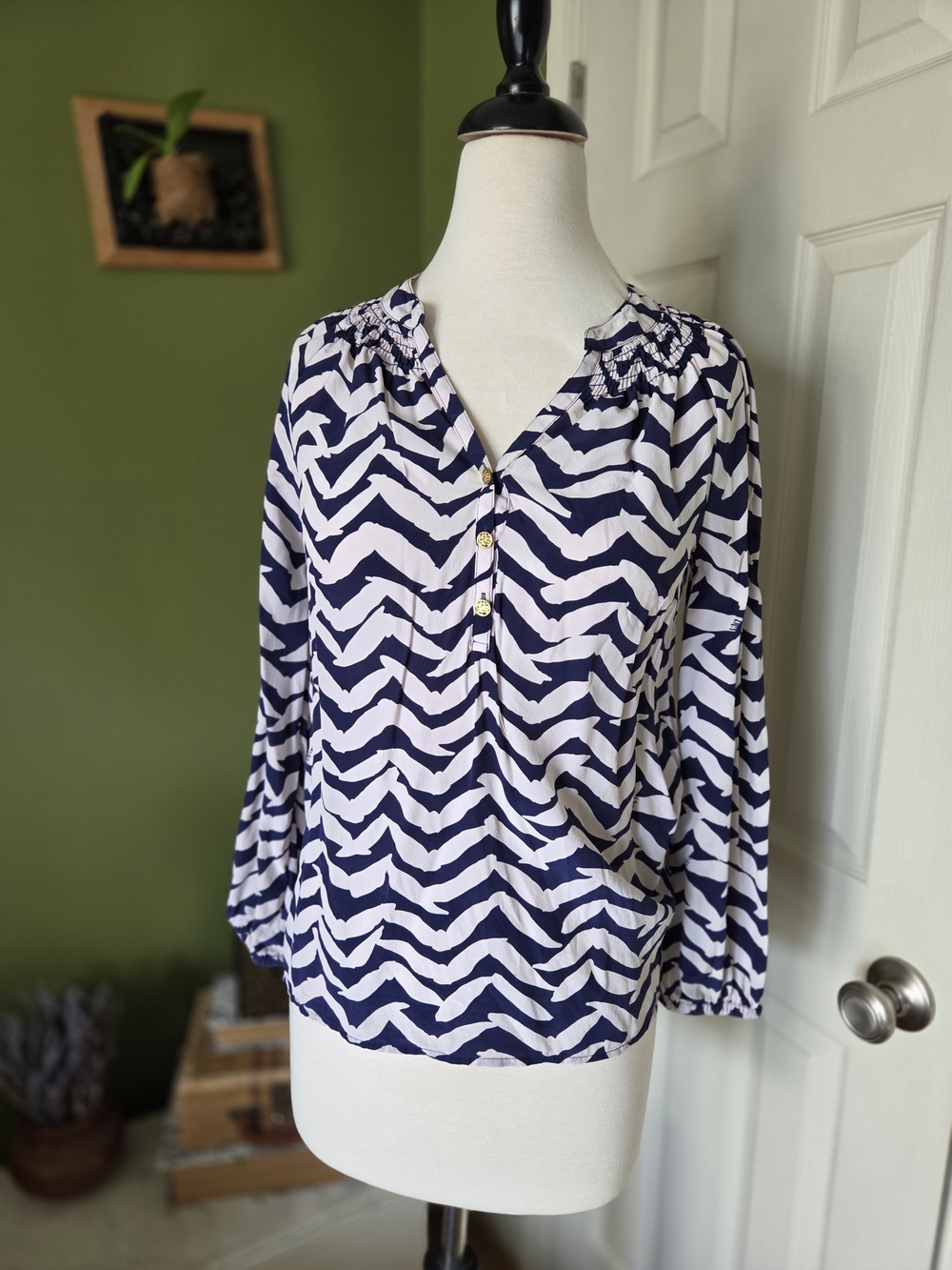 Lilly Pulitzer Navy and White Chevron Smocked-Neck Blouse